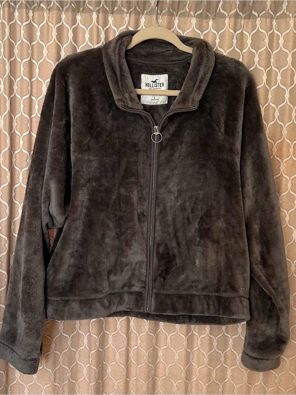 Hollister Women's Plush Zip-Up Jacket in Dark Grey